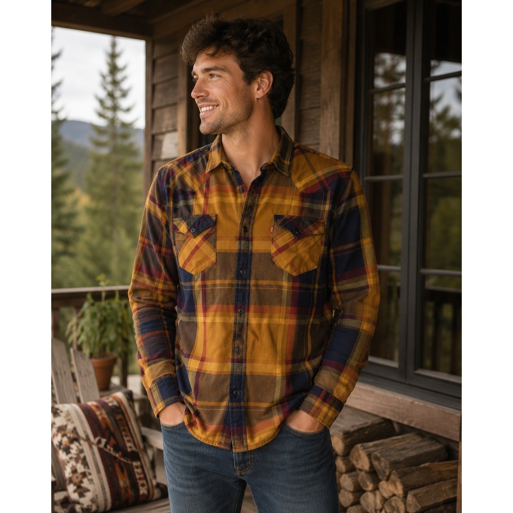 Levis Shirt Mens Medium Orange Plaid Flannel‎ Western Cowboy Workwear